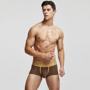 Détail d'un boxer marron avec ceinture dorée montrant le tissu élastique et les coutures