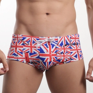 Men's square-cut swim trunks with Union Jack print and adjustable white drawstring waist