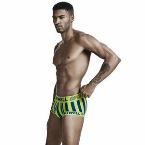 Close-up of men's low-rise boxer briefs featuring blue and yellow vertical stripes texture