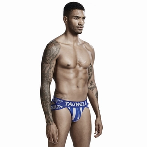 Detail view of blue and white striped men's jockstrap showing athletic waistband and fit