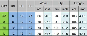 Size chart for women's high waist wide leg jeans showing measurements for XS S M L