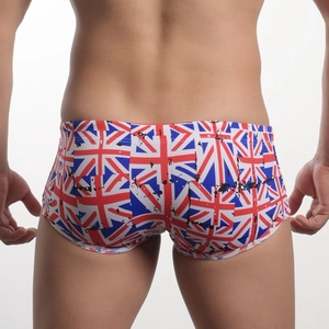 Men's square-cut swim trunks featuring a classic Union Jack flag print in red white and blue