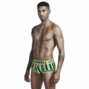 Close-up of men's low-rise boxer briefs featuring bold blue and yellow vertical stripes