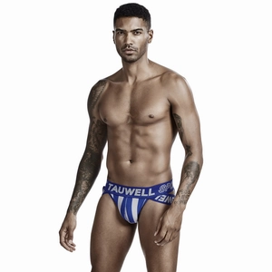 Close-up of blue and white striped men's jockstrap with elastic logo waistband