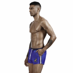 Detail of blue men's swim shorts with side stripes and embroidered banana patch