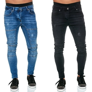 Jeans slim déchirés hip-hop pour hommes en bleu et noir avec détails plissés motard