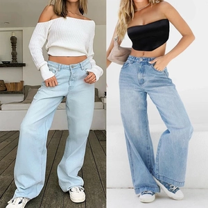Styling comparison of high-waisted light blue wide-leg denim jeans in two different looks
