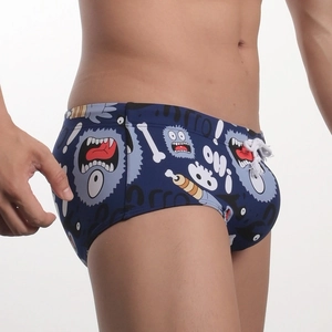 Men's tight swimming trunks with trendy cartoon monster print and white drawstring
