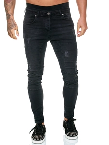 Jean biker noir slim pour homme avec empiècements nervurés et détails déchirés