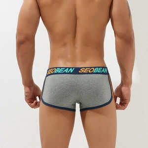 Back view of men's athletic boxer briefs with contrast elastic waistband and side stripes