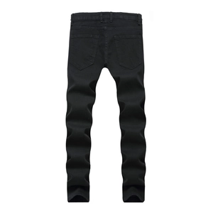 Rear view of men's slim fit black denim jeans showing back pockets and stitching details