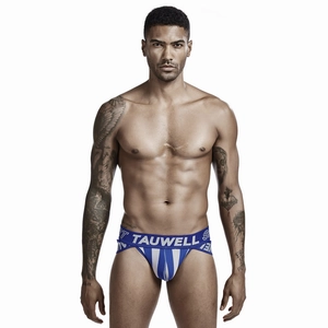 Detailed shot of men's jockstrap with blue vertical stripes and elastic waistband