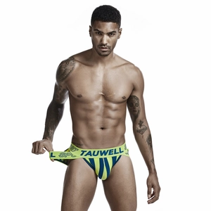 Detail view of fluorescent green and navy vertical striped men's jockstrap sports underwear