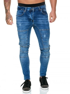 Jean biker slim pour homme en denim délavé bleu clair avec détails plissés et déchirures