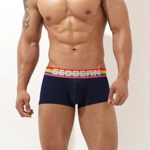 Close-up of men's blue boxer briefs featuring a vibrant rainbow elastic waistband