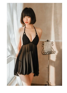 Detail of sheer black lace halter neck nightgown with pleated transparent mesh and deep V-neck