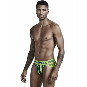 Detail of men's jockstrap featuring striped pouch and yellow elastic waistband with logo