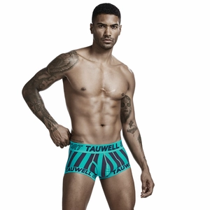 Detailed close-up of men's low-rise striped trunks with sporty elastic waistband