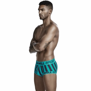 Side view of men's low-rise boxer briefs with vertical stripes and logo waistband