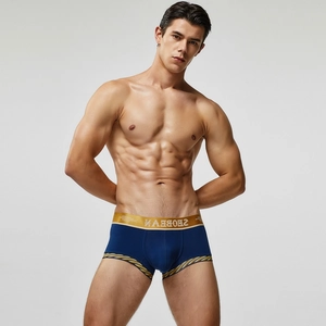 Herren Boxer-Briefs in Dunkelblau mit goldenem Elastikbund und sportlichen Streifen