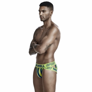 Detail of men's athletic briefs featuring vertical stripes and hollow waistband design