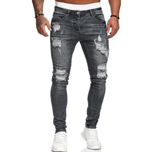 Jeans slim da uomo in grigio scuro lavato con strappi decorativi e stile urban alla moda