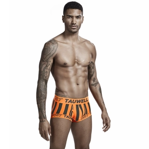 Detail of men's low-rise striped trunks with athletic orange and black vertical patterns
