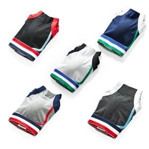 Flat lay of five SEOBEAN men's athletic tank tops with contrast trim in multiple colors