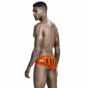 Rear view of striped athletic briefs featuring bold cutout design and orange waistband