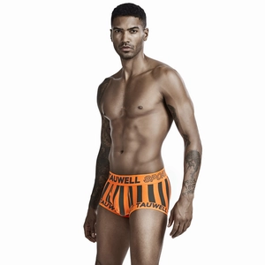 Detail of men's low-rise athletic boxer briefs with orange and black vertical stripes