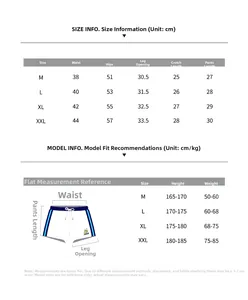 Size chart for men's athletic shorts showing measurements in cm and weight recommendations
