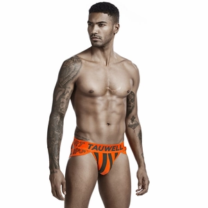 Detail view of orange jockstrap with vertical black stripes and elastic waistband