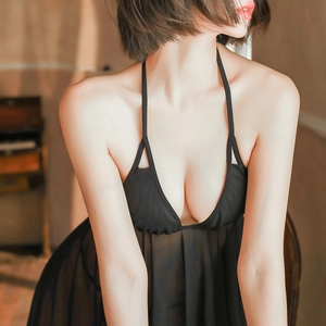 Sexy black lace nightgown with deep V-neck and halter strap in sheer mesh fabric