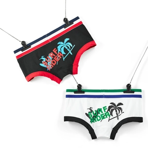 Detailed view of low-rise boxer briefs with Surf Rider print and striped waistband