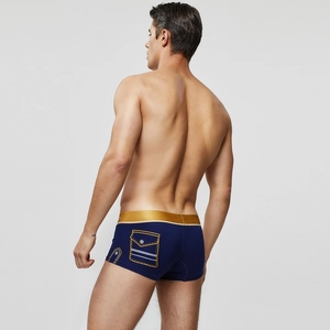 Boxer homme bleu marine à taille basse avec ceinture dorée et imprimé style denim au dos
