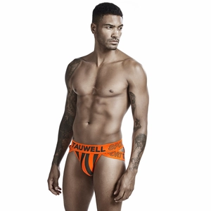 Close-up of orange striped men's athletic jockstrap showing wide elastic waistband