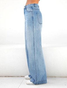 Detail view of high waist wide leg jeans in vintage blue wash with side pocket design