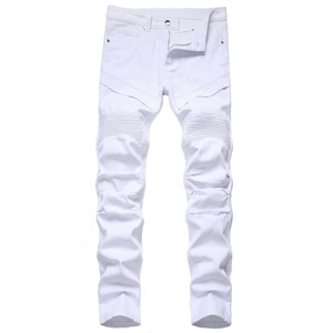 Jean biker blanc coupe ajustée pour homme avec empiècements plissés aux genoux