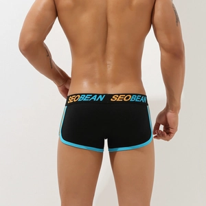 Detailed back view of men's low-rise boxer shorts with contrast blue piping details