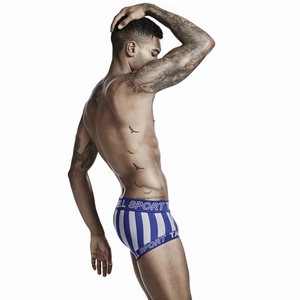 Detail view of men's blue striped low-rise trunks with elastic sport waistband