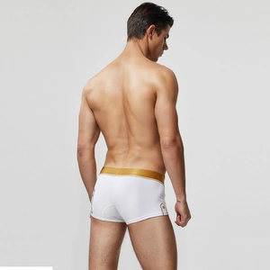 Boxer sexy pour homme blanc avec taille élastique dorée et imprimé sur le côté
