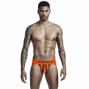 Detail of orange and grey vertical stripe jockstrap with TAUWELL logo elastic waistband