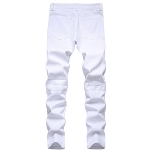 Jean biker slim blanc pour hommes avec panneaux aux genoux et poches arrière