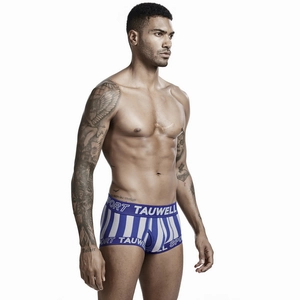 Detail of men's low-rise boxer briefs with blue vertical stripes and elastic waistband
