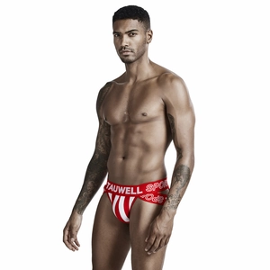 Detail of red vertical striped jockstrap with wide elastic TAUWELL SPORT waistband