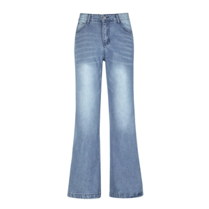 Detail view of high waist wide leg blue denim jeans with metal button and zip fly