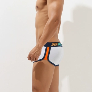 Side view of men's white boxer briefs featuring orange side stripes and blue logo waistband