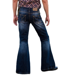 Men's retro flare jeans in dark blue wash with vintage bell bottom and back pocket stitching