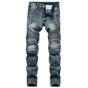 Jean moto slim pour homme en bleu foncé délavé avec des détails d'usure vintage