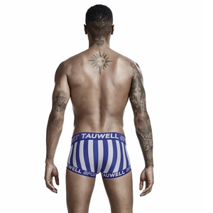 Macro detail of vertical striped men's low rise trunks with purple elastic logo waistband